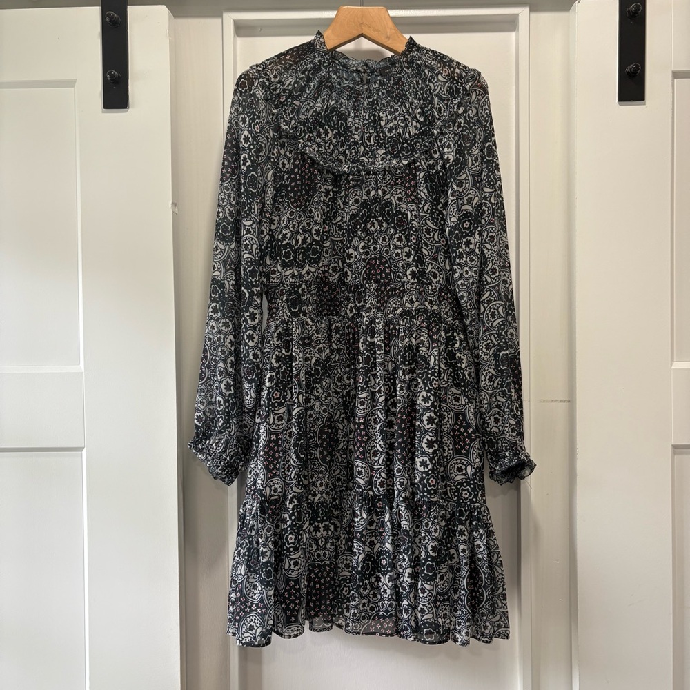 Ann Taylor Black White Floral Long Sleeve Ruffle Short Flounce Dress Size Medium